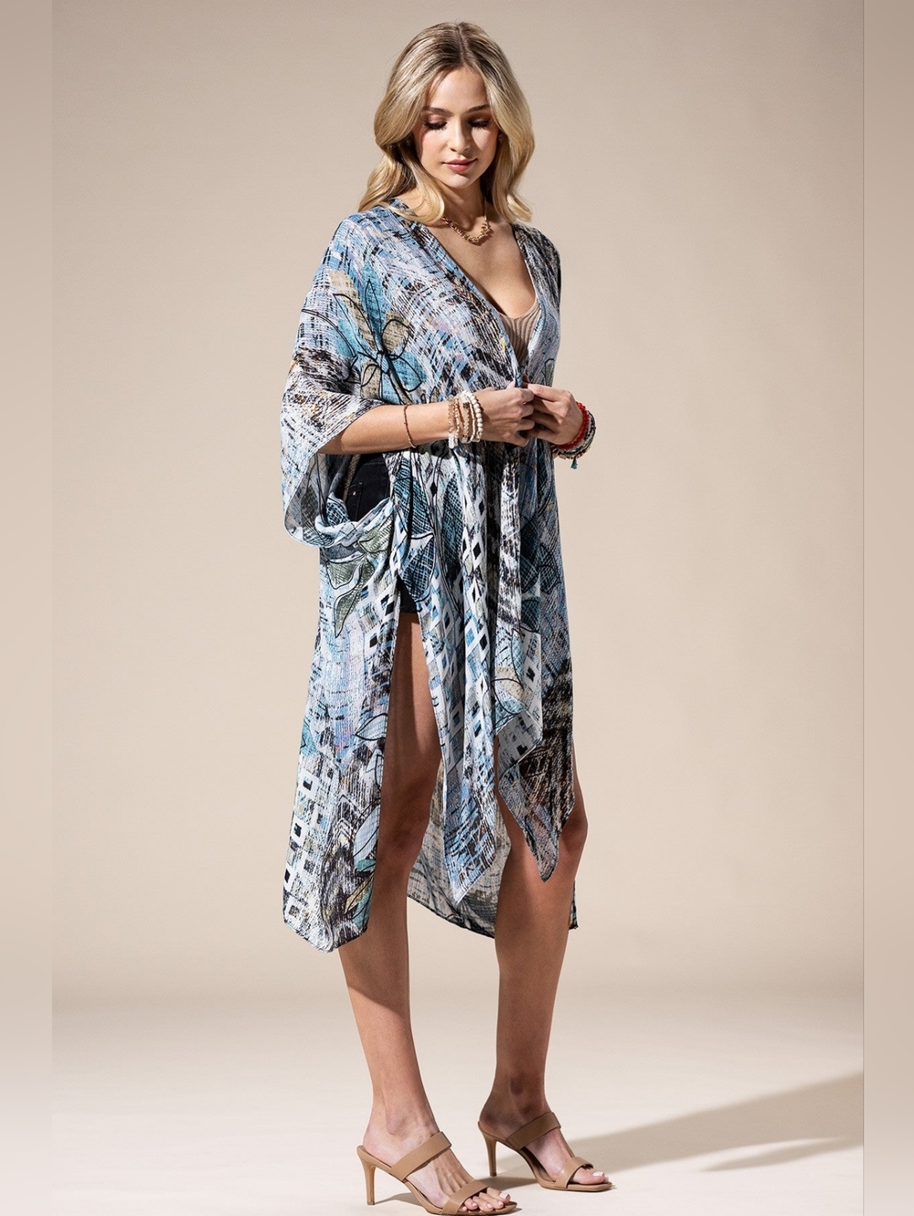 Abstract Boho Floral Open Front Swimsuit Coverup or Kimono Lightweight NWT - Picture 6 of 7